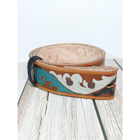 Roris Painted Beltz Hand Painted Black and Blue Leather Belt No Buckle 35\